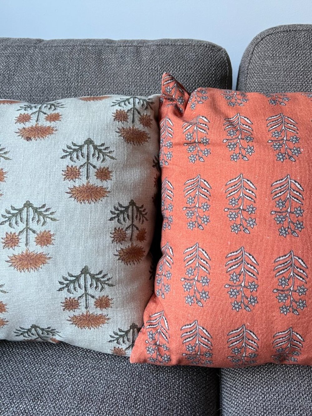 Pair of Block-Printed Cotton Pillows, Vintage Fall Floral, w/ Optional Insert